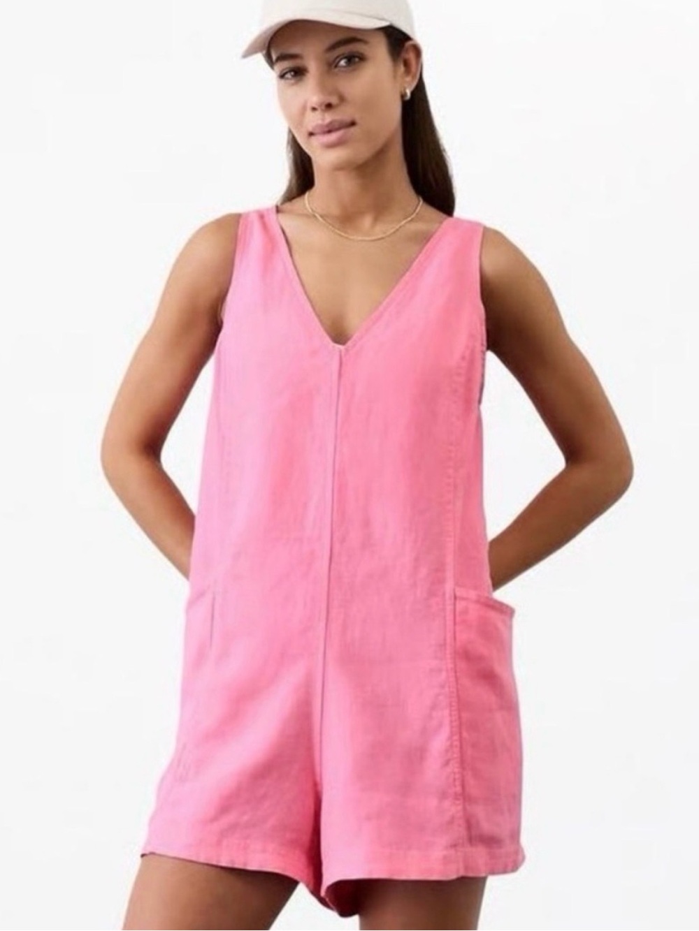 Athleta Retreat Linen Romper Pink 100% Linen V-Neck S